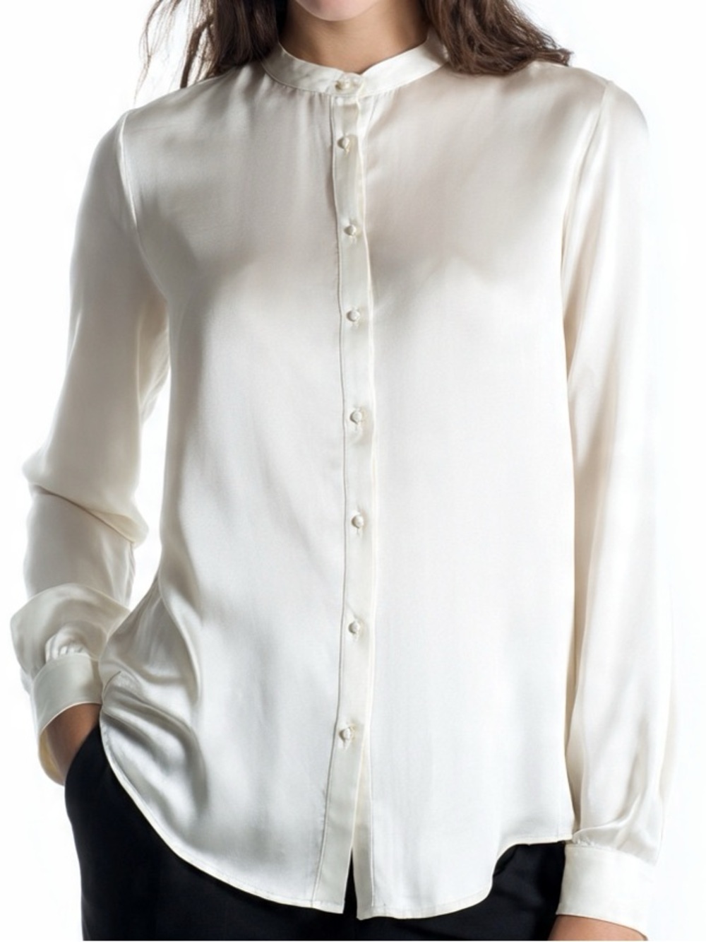 LOFT Petites White Band Collar Button Down Blouse